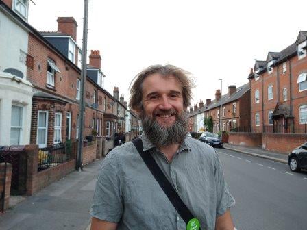 Green councillor Doug Cresswell campaigning on Elgar Road